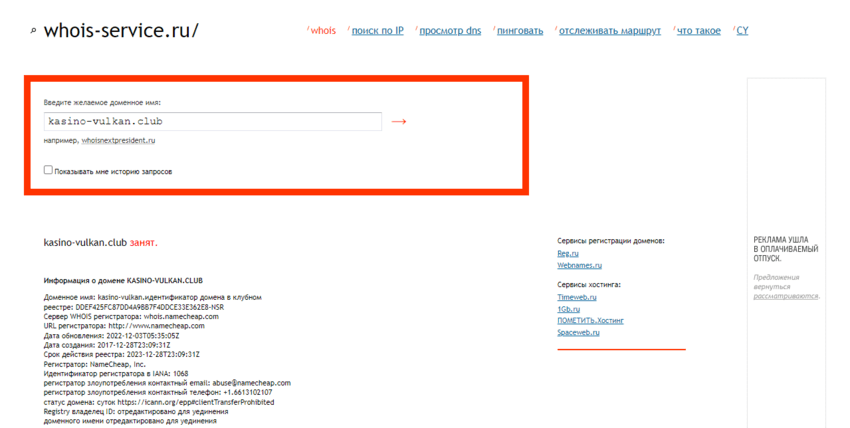 дата регистрации домена проекта