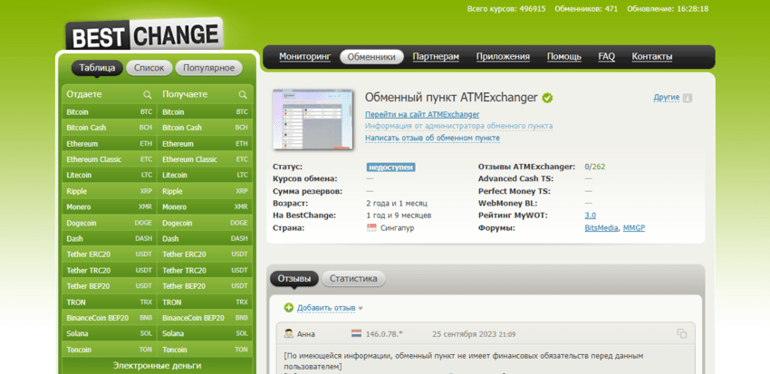 данные на сайте мониторинга об обменнике 