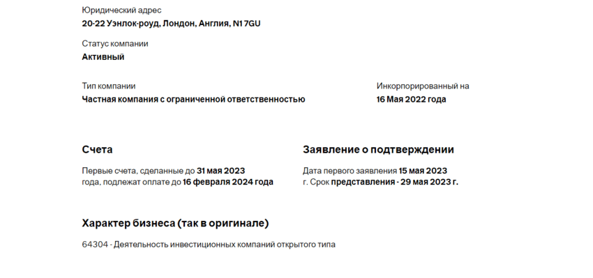 данные о регистрации компании в Великобритании