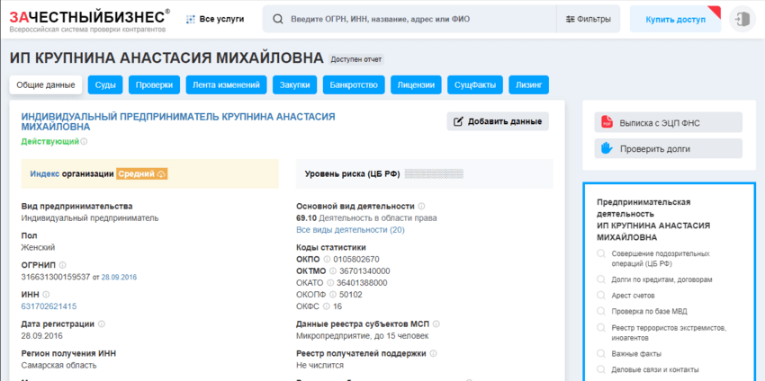 данные о регистрации ИП 