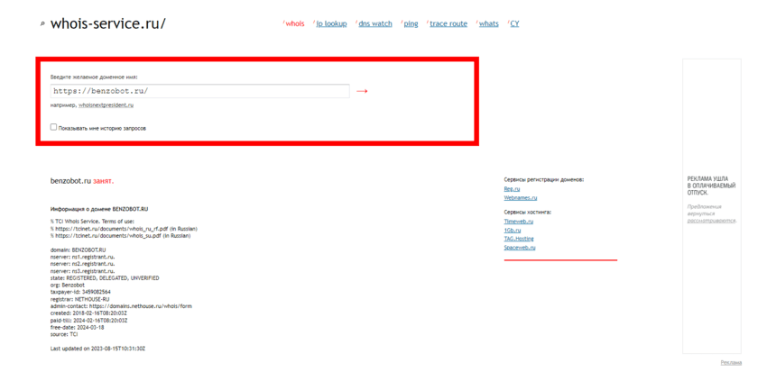 дата регистрации домена проекта