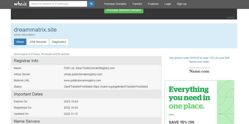 данные о регистрации домена 