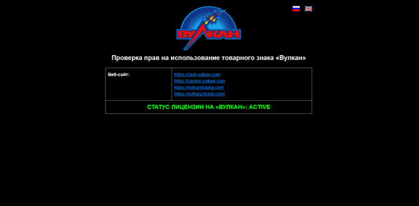 данные о правах использования имени Вулкан