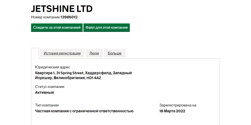 данные о регистрации компании в Великобритании