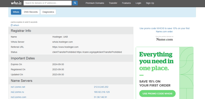 данные о регистрации домена в сети 