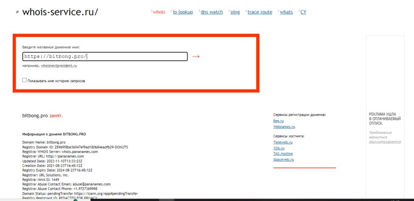данные о регистрации домена сайта 