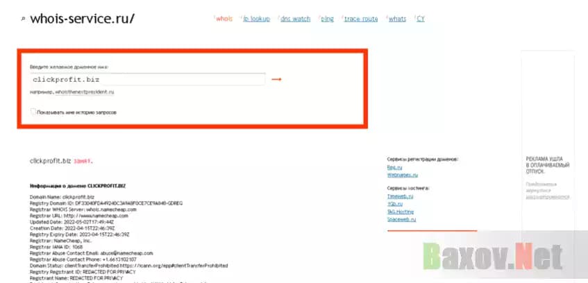 данные о регистрации домена сайта