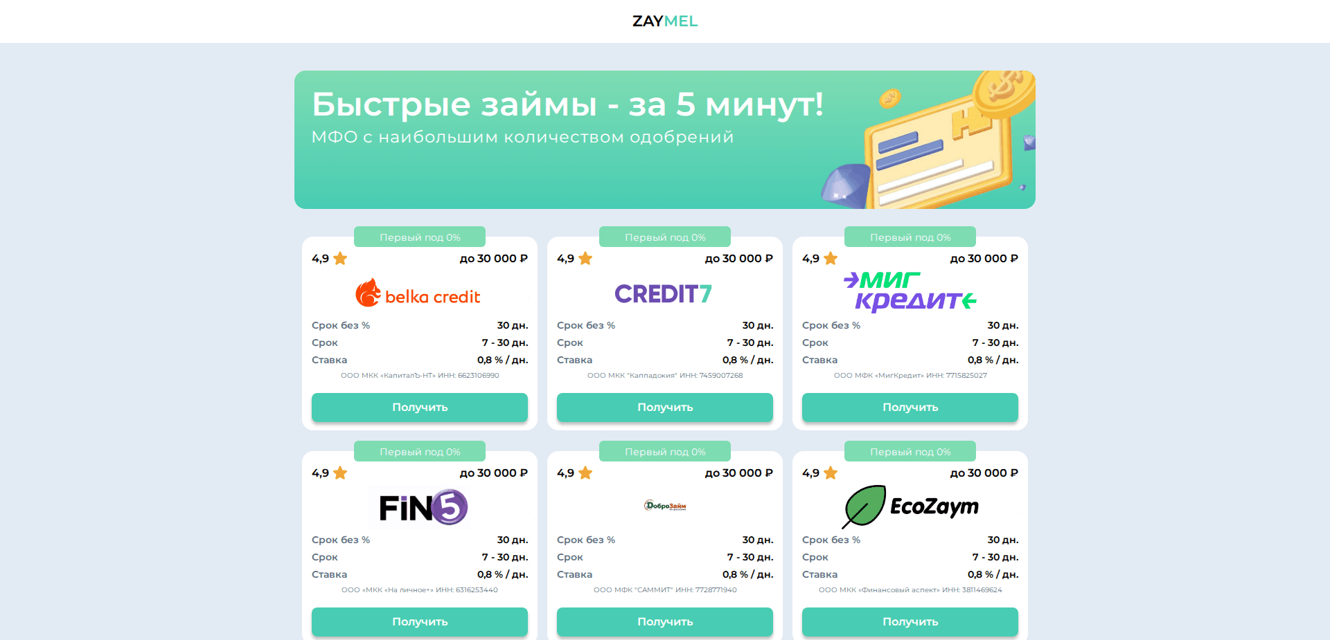 Website screenshot for https://zaymel.ru/ - 1