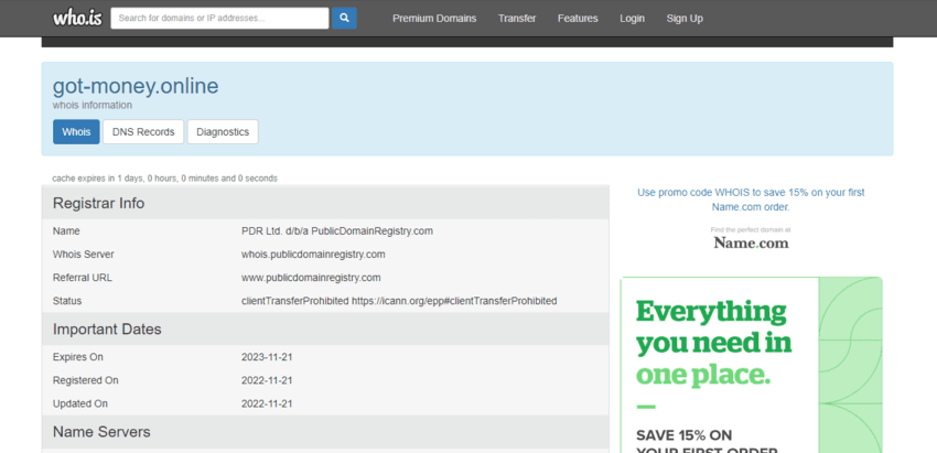 информация о домене мошенников