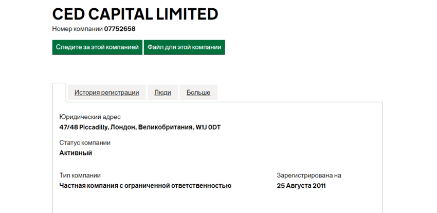 данные о регистрации компании в Великобритании