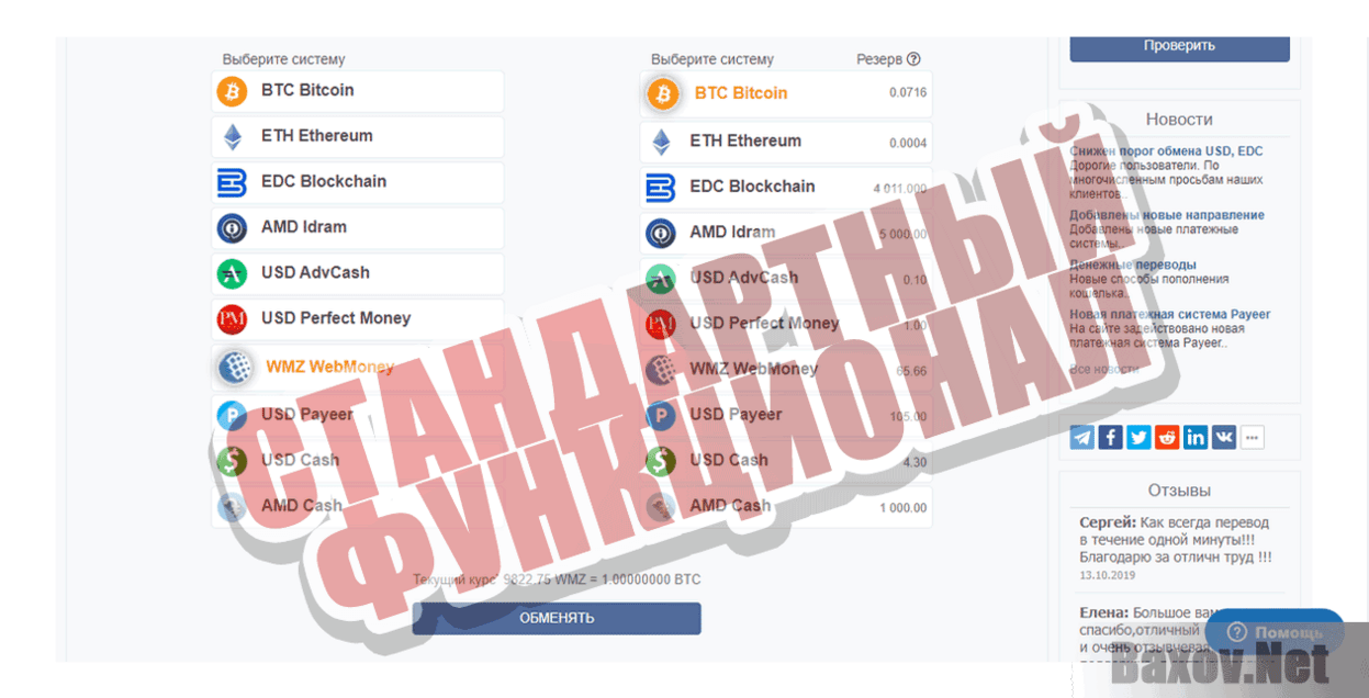 cryptochange.am Стандартный функционал