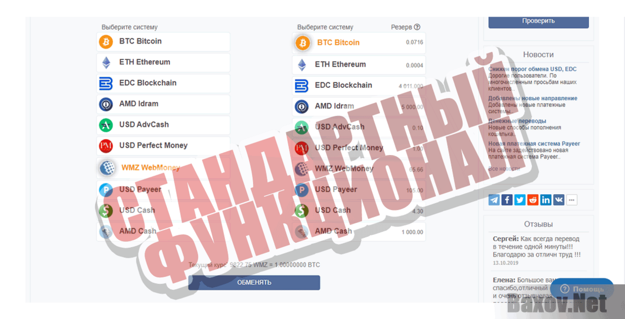 cryptochange.am Стандартный функционал