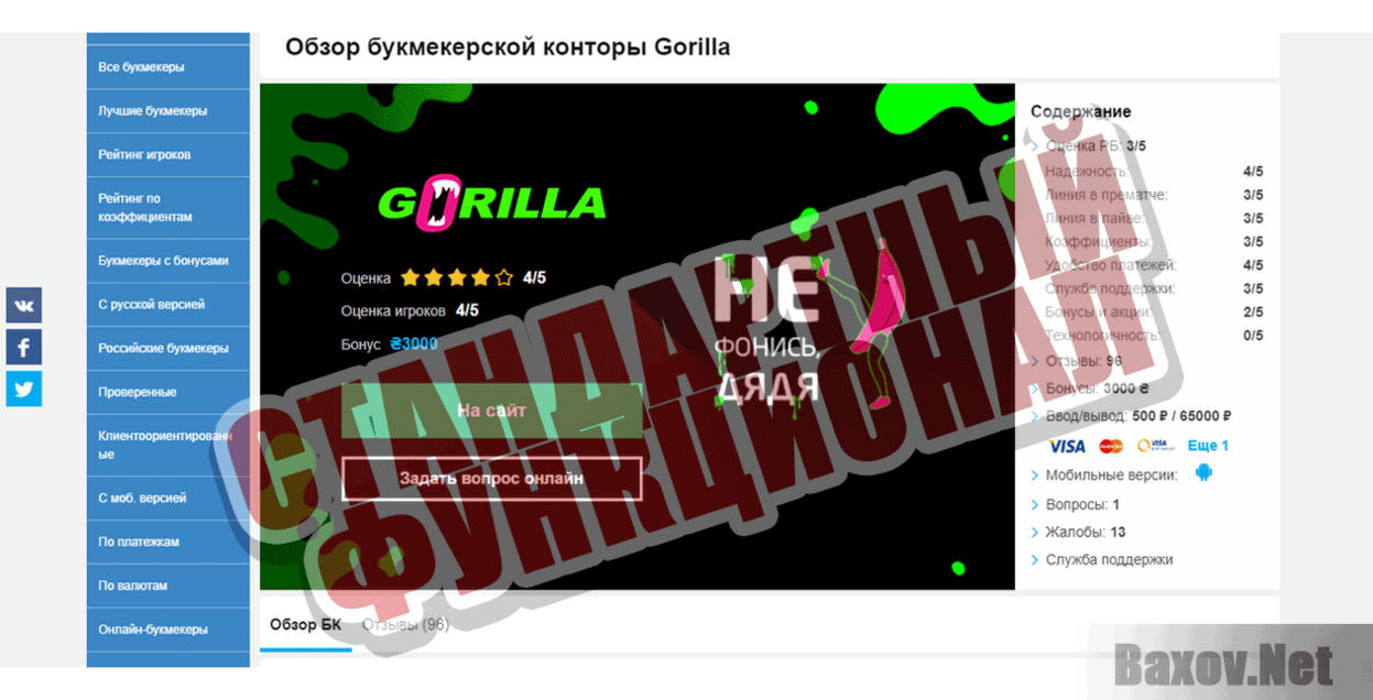 Gorilla.win Стандартный функционал