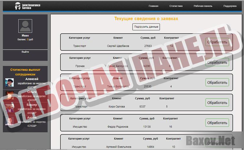 Виталий Дробышев и Joint Insurance Service - рабочая панель