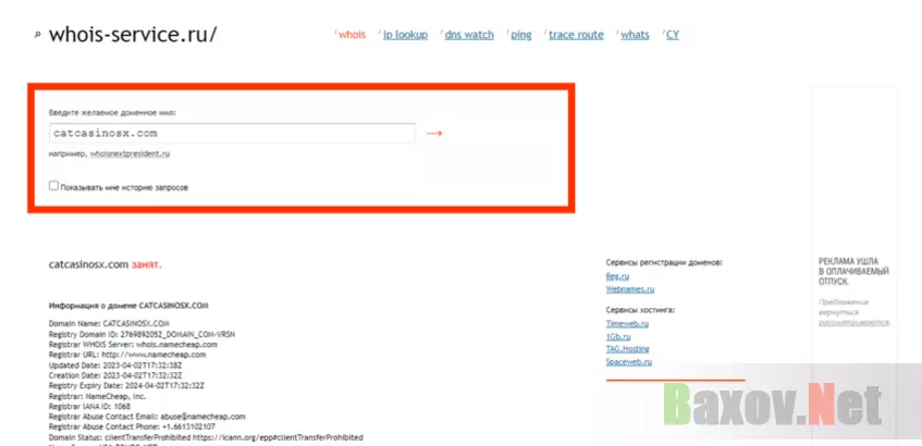 данные о регистрации домена мошенников 