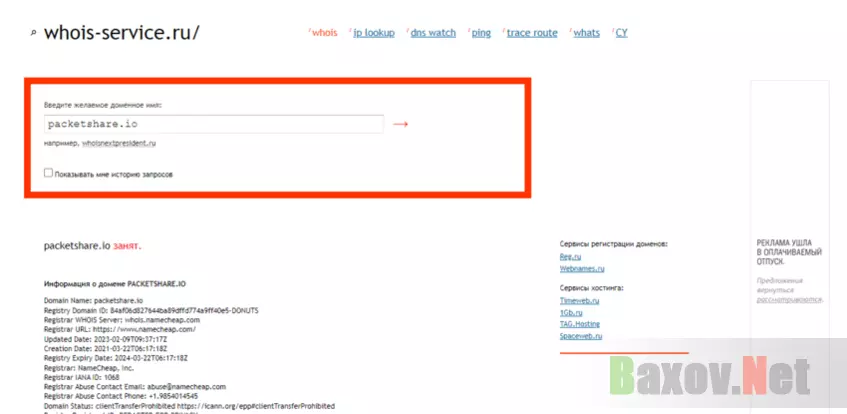 данные о регистрации домена мошенников 