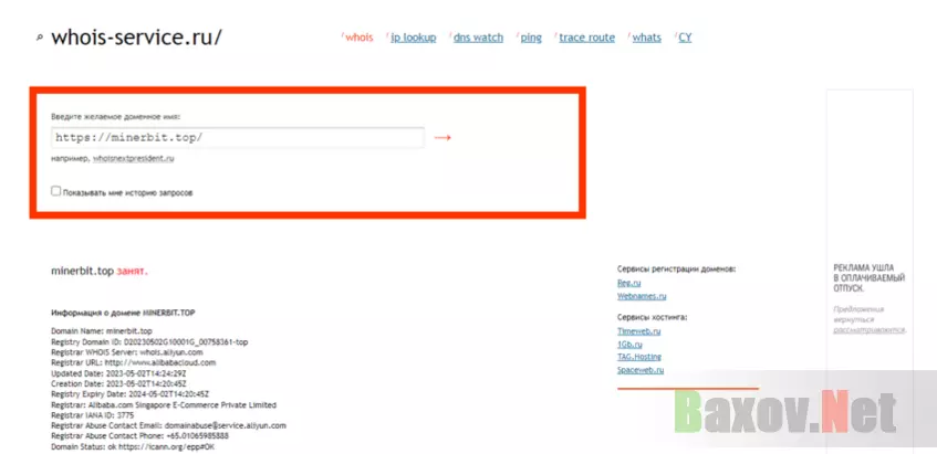данные о регистрации домена мошенников 