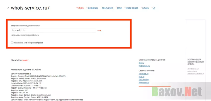 данные о регистрации домена сомнительного сервиса 