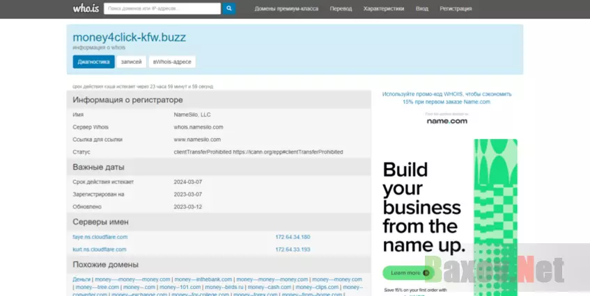 данные о регистрации домена мошенников 