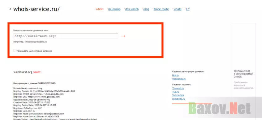 данные о регистрации домена мошенников 